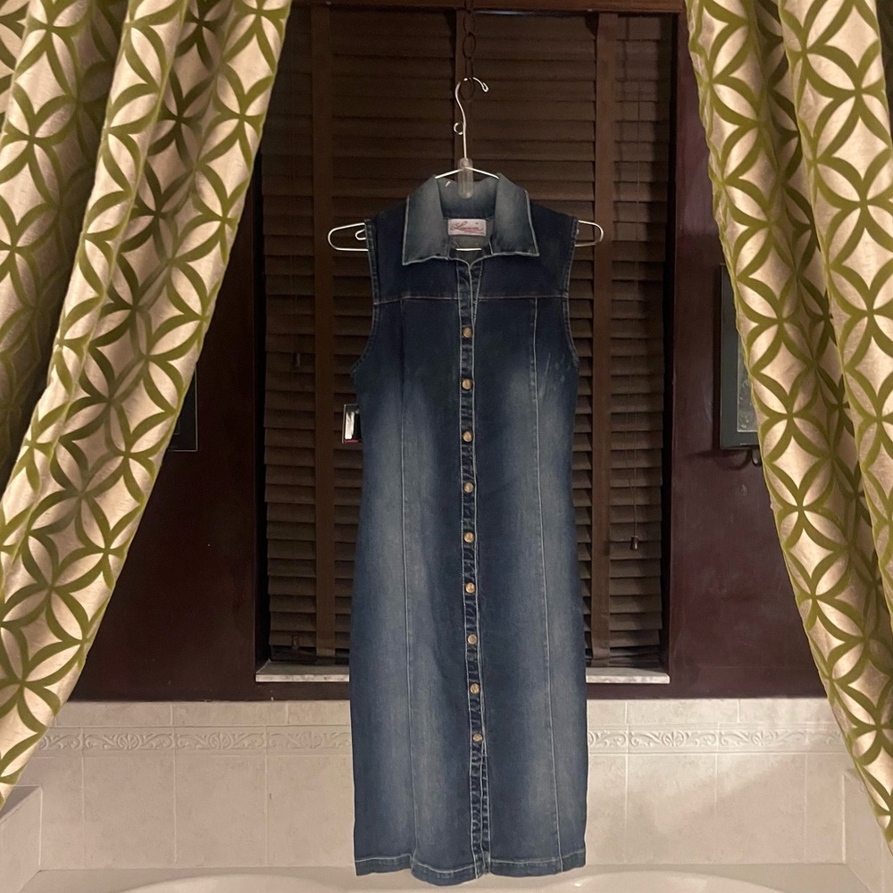 Luscious by Rebecca Ford
Snap front denim dress, embroidered tattoo on top back